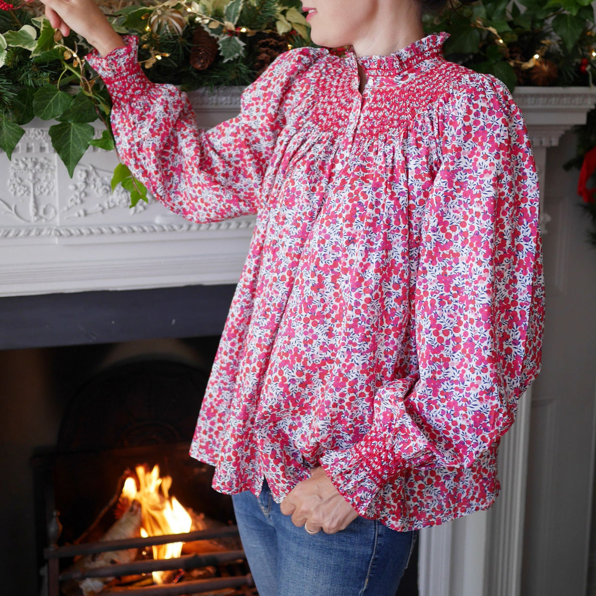 Small Scholl Women's Blouse with Santa Hand Smocking made with Liberty Wiltshire Fabric Edition 5