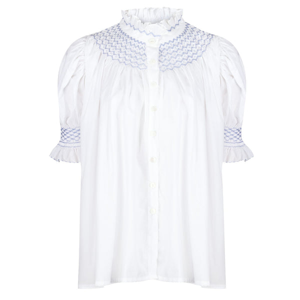 Scholl Women's Summer Blouse White with Forget Me Not Hand Smocking Edition 8