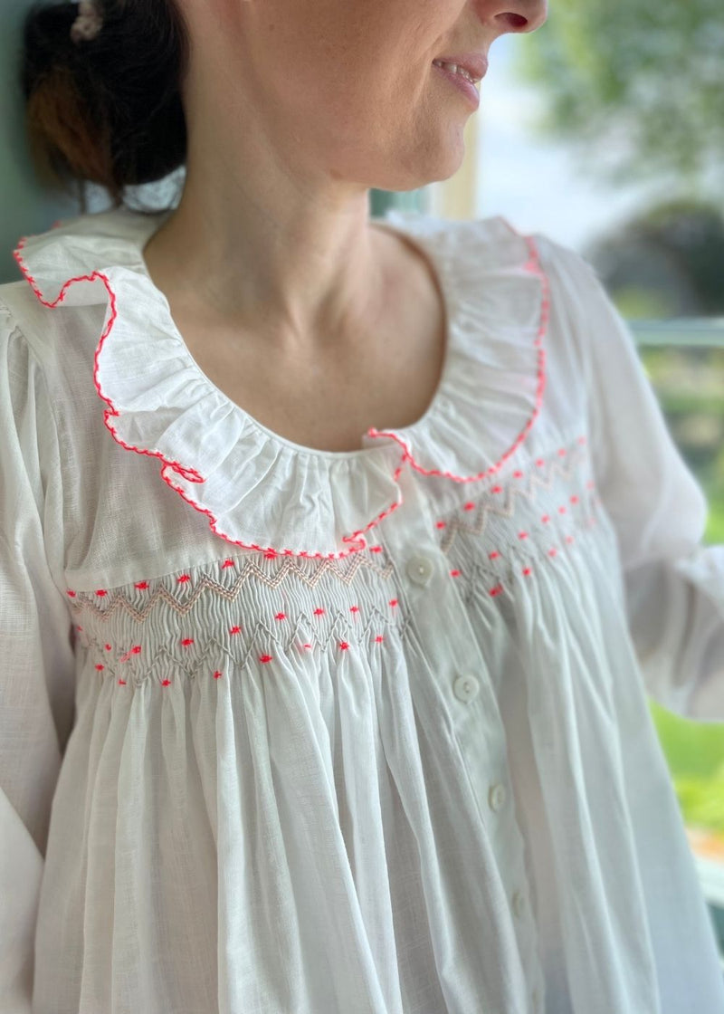 Small Betsy Fry Women's Blouse Cricket White Organic Cotton with Neon Pink Spot Hand Smocking Edition 7