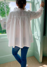 Small Betsy Fry Women's Blouse Cricket White Organic Cotton with Neon Pink Spot Hand Smocking Edition 7
