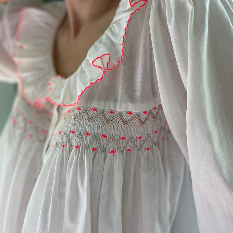 Small Betsy Fry Women's Blouse Cricket White Organic Cotton with Neon Pink Spot Hand Smocking Edition 7