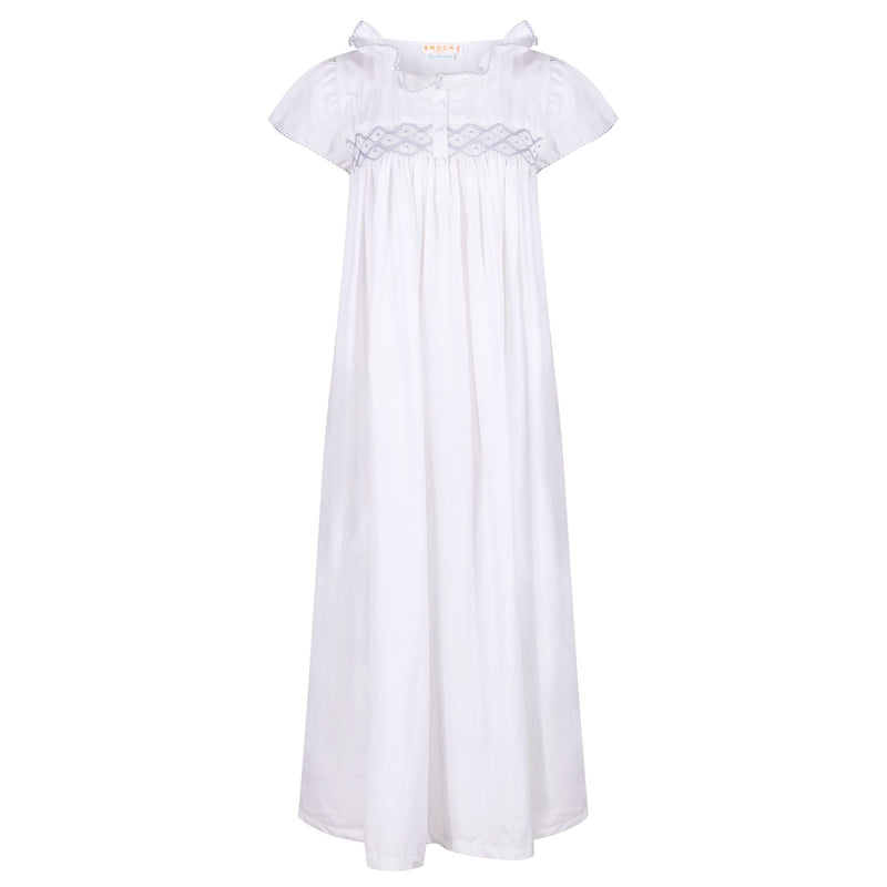 Women's Nightingale Dress Moonstone Short Flutter Sleeves with Mermaid Tail Forget Me Not Hand Smocking