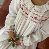Women's Nightingale Dress Moonstone with Scarlet Bows Hand Smocking