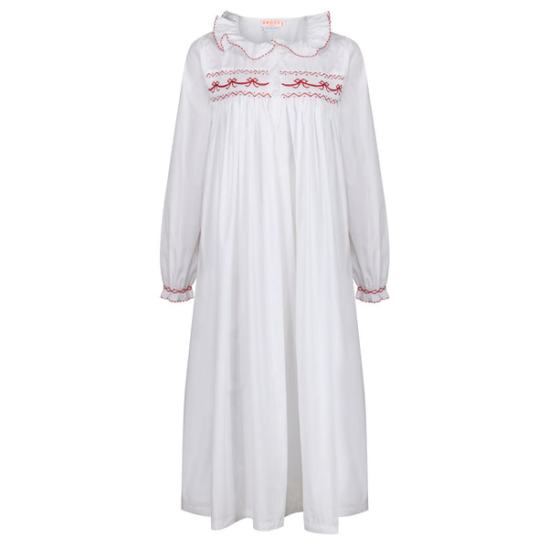 Women's Nightingale Dress Moonstone with Scarlet Bows Hand Smocking