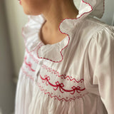 Women's Nightingale Dress Moonstone with Scarlet Bows Hand Smocking