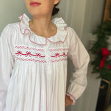 Women's Nightingale Dress Moonstone with Scarlet Bows Hand Smocking