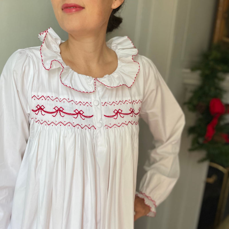 Women's Nightingale Dress Moonstone with Scarlet Bows Hand Smocking