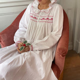Women's Nightingale Dress Moonstone with Scarlet Bows Hand Smocking